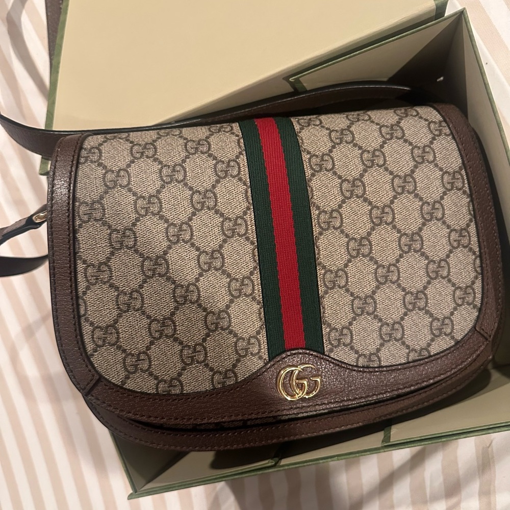 GG Supreme Monogram Web Small Ophidia Flap Messenger Bag Brown